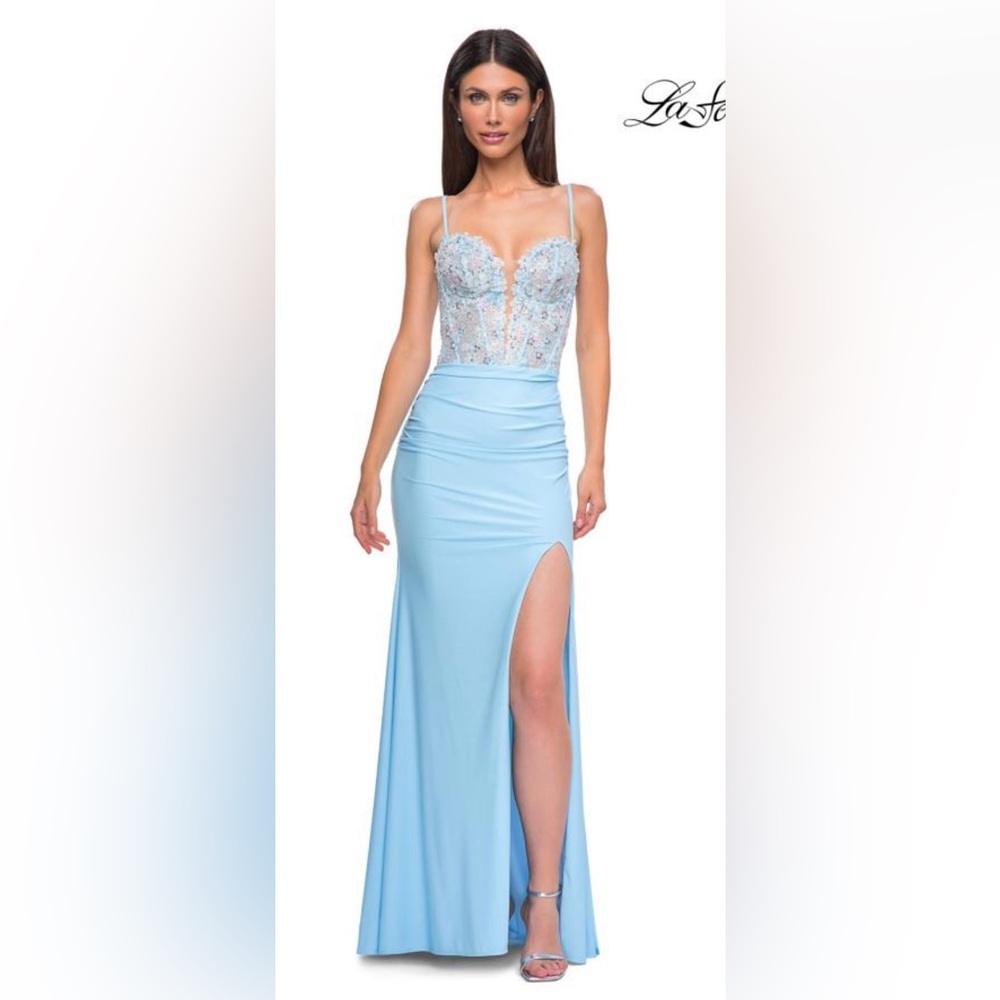 La Femme Blue and Silver Embellished Slit Gown